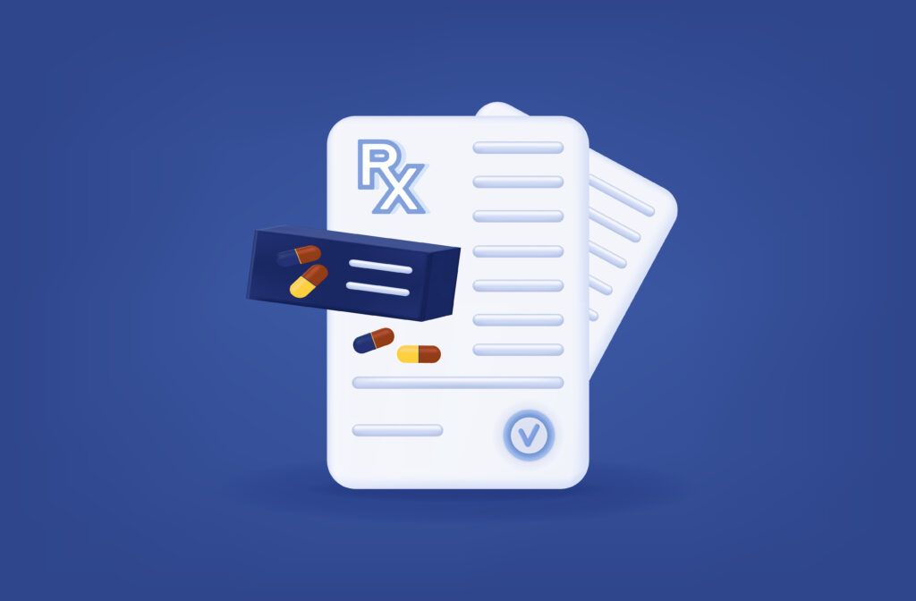 3d form rx with packaging of pills. Doctor's Prescription, treatment or prevention. Document, pills, capsules. Diagnosis, prescription rx, or examination. Medicine, pharmacy banner.Vector illustration